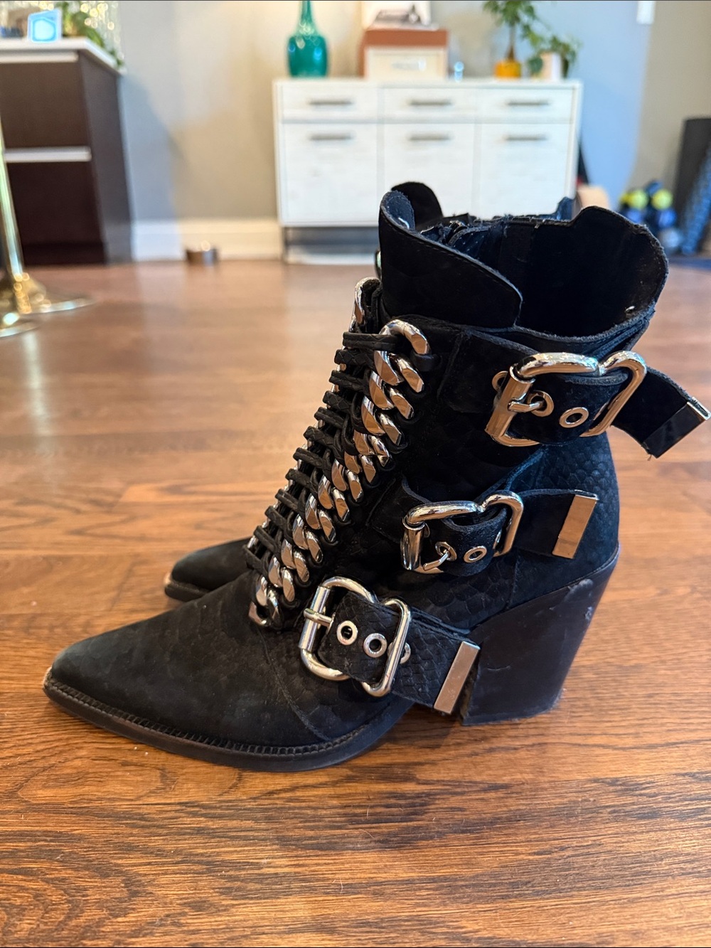 Jeffrey Campbell Black Lace-Up Ankle Boots with Silver Chain Trim - Picture 3 of 3